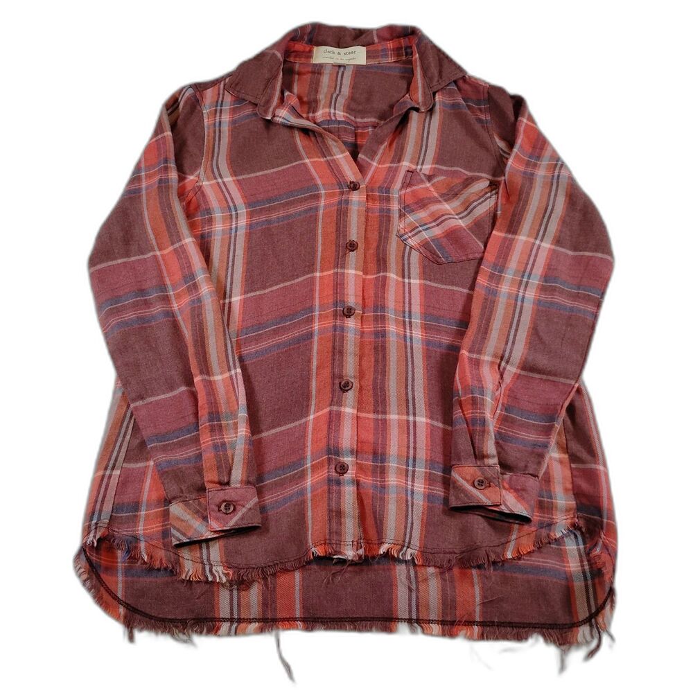 Cloth & Stone Women's Flannel Plaid Button Down Top Size XS Red Blue